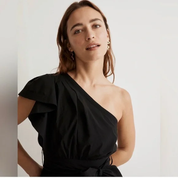 NWT Madewell Ruffled One-Shoulder Midi Dress black 0 - Picture 2 of 9